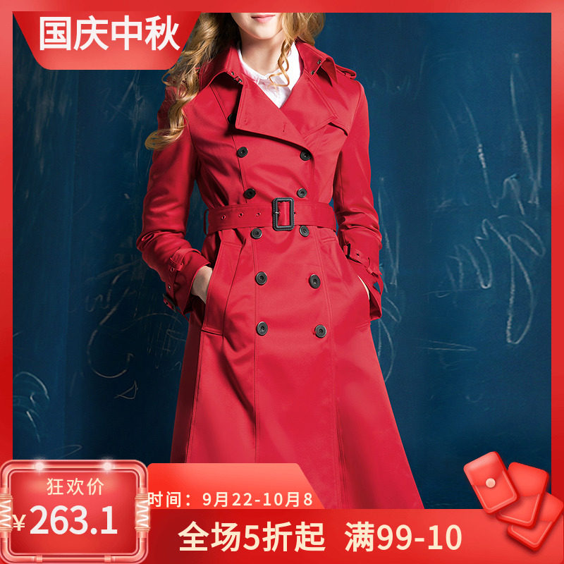 红色风衣女中长款2019韩版新款女装双排扣修身waitmore春款外套女