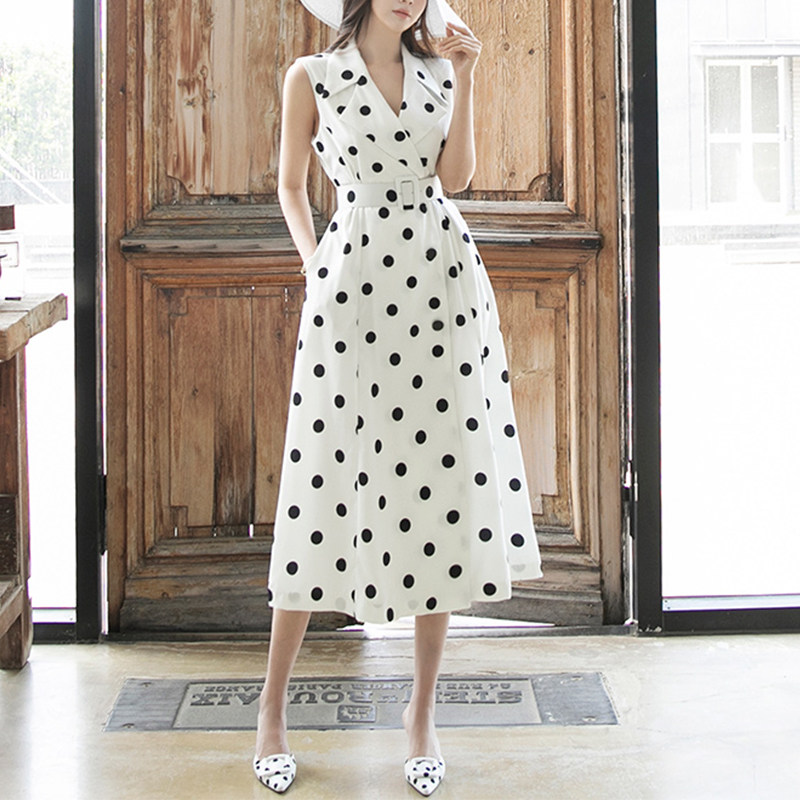 黑白波点无袖连衣裙女2020夏季赫本风宽松收腰显瘦雪纺印花长裙子