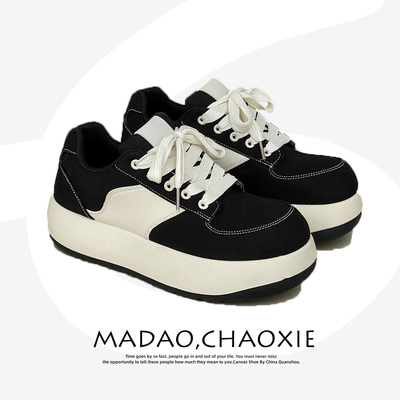 黑白熊猫面包鞋男款小众厚底增高