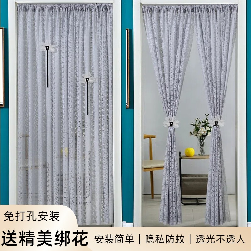 免打孔门帘挂帘窗帘橱柜帘蕾丝防蚊伸缩杆魔术贴隐私卧室四季通用