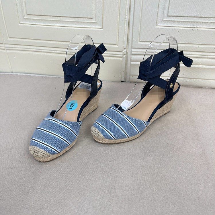 外贸原单女鞋新款时尚shoes圆头条纹拼色坡跟脚腕绑带包头凉鞋