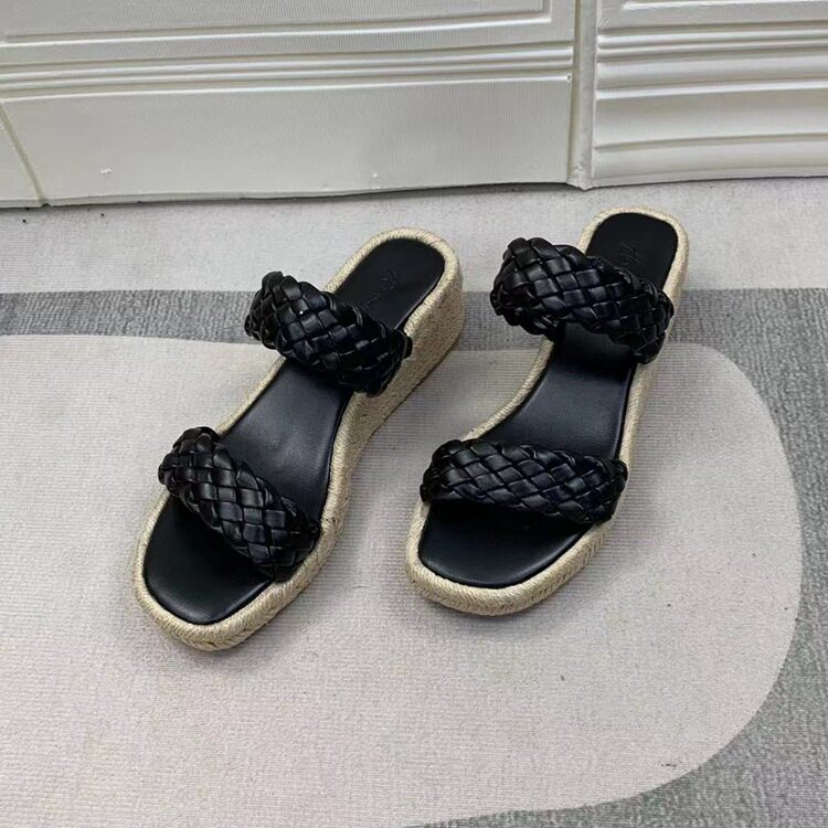 厚底草编麻绳底编织坡跟凉鞋