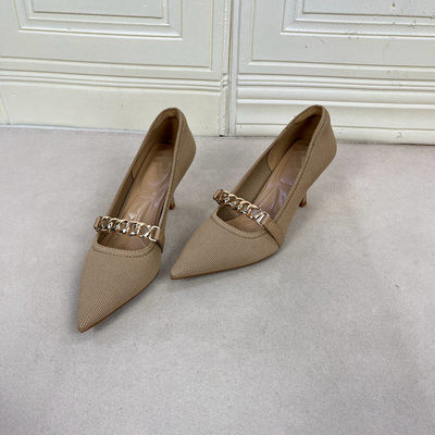 尖头针织蝴蝶结链条浅口细跟单鞋