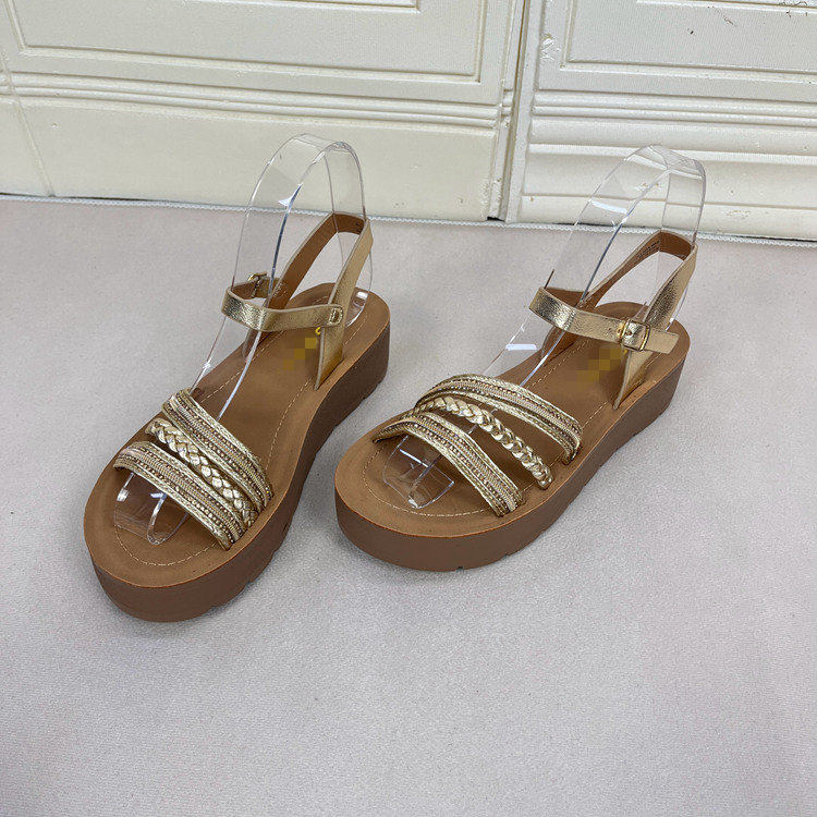 外贸原单女鞋新款时尚shoes圆头纯色厚底带钻休闲百搭一字扣凉鞋