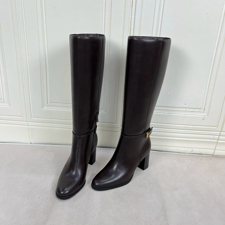 外贸原单女靴新款时尚圆头纯色粗高跟侧拉链皮带扣时装长靴西部靴