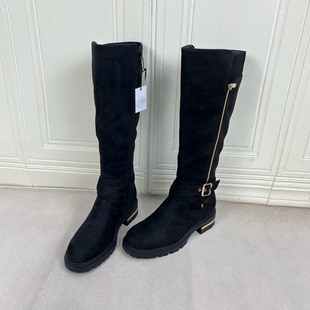 Lady 长靴 Shoes外贸原单女靴内里加绒圆头纯色厚底粗跟皮带扣时装