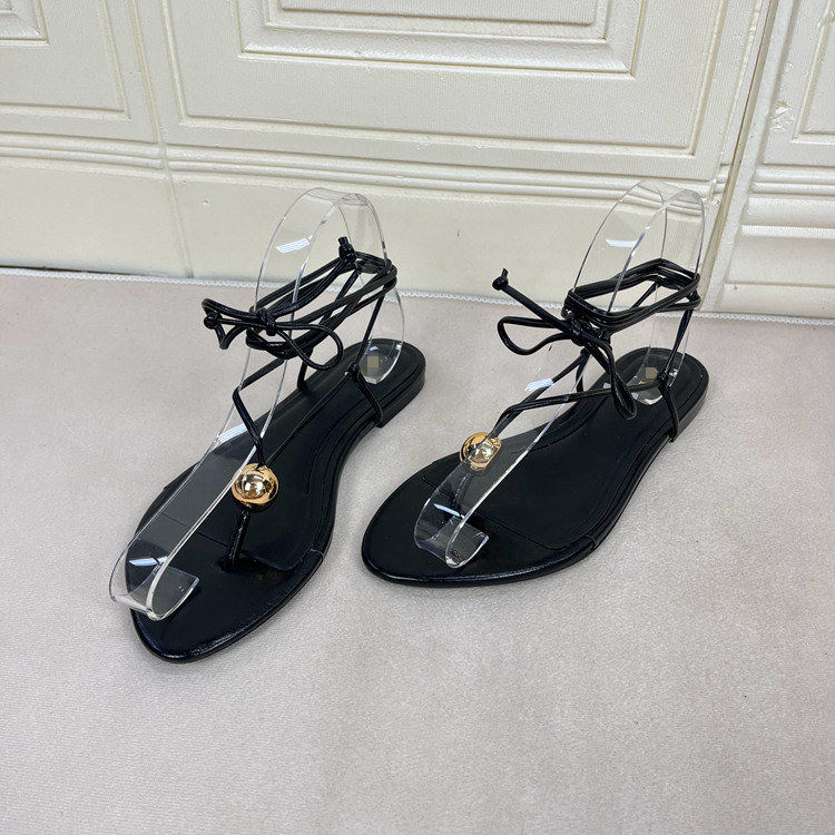 尖头夹趾平底系带凉鞋简约新款
