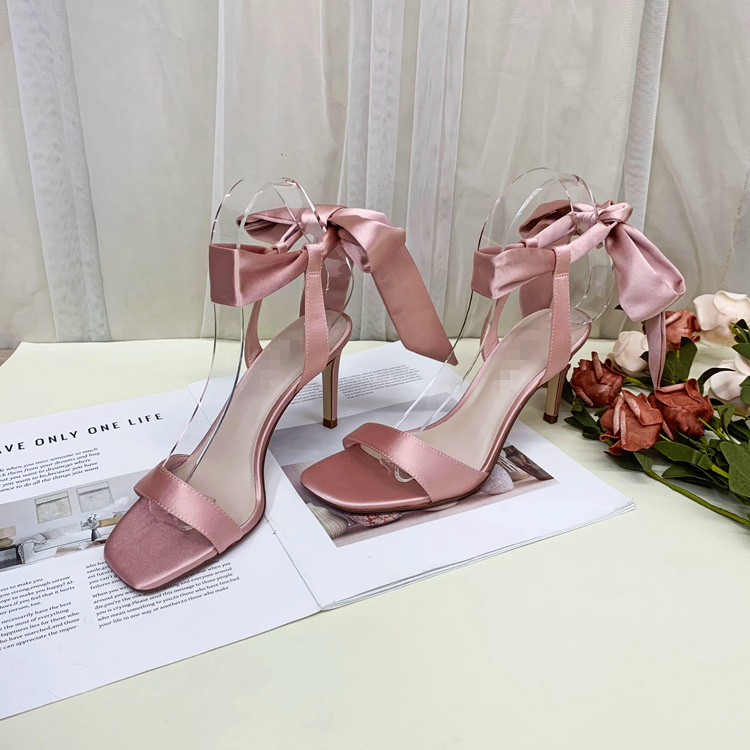 绑带性感方头细跟高跟露趾凉鞋