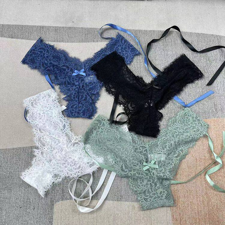 V腰日系可调后系带蕾丝裆蝴蝶结性感微透低腰镂空丁字内裤女
