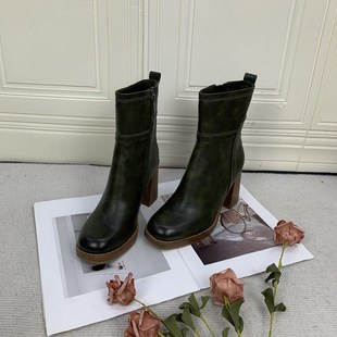 外贸原单女靴新款方头粗跟内里带毛高跟侧拉链洋气时尚百搭短靴