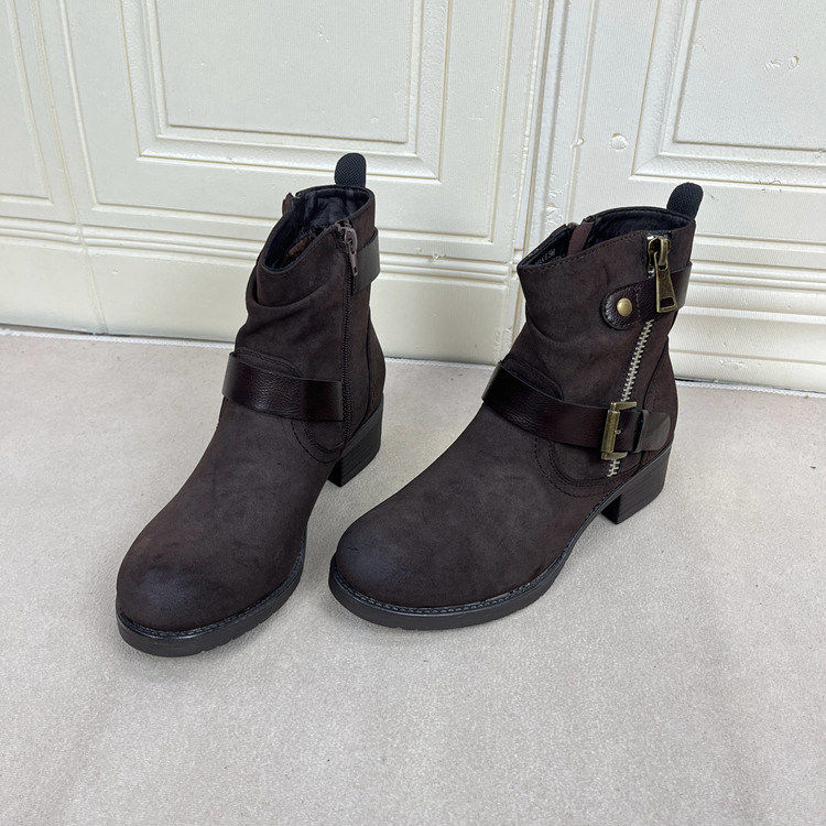 Lady Shoes 外贸原单女靴内里加绒新款圆头纯色粗跟皮带扣短靴