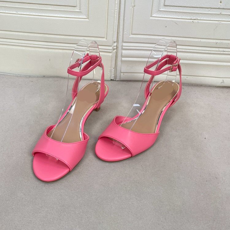 外贸原单女鞋新款真皮时尚圆头细跟高跟一字扣露趾鱼嘴凉鞋女款