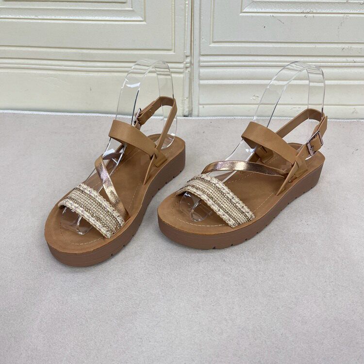 外贸原单shoes女鞋时尚圆头拼色编织类一字扣厚底凉鞋罗马凉鞋