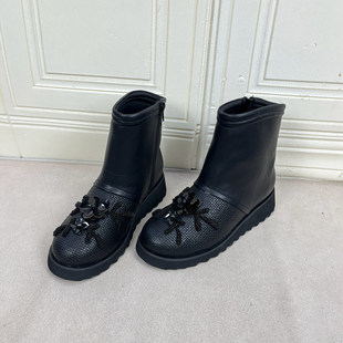 侧拉链舒适百搭 新款 Lady Shoes外贸原单圆头花朵厚底短靴简约时尚