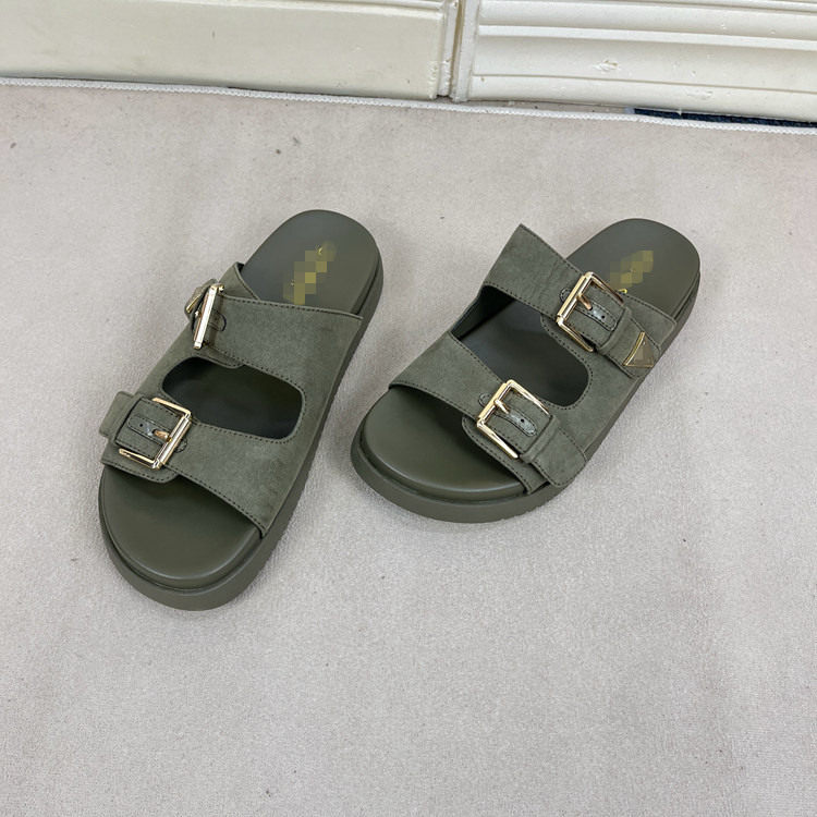 Lady Shoes外贸原单女鞋新款时尚圆头皮带扣三角标平底博肯拖鞋