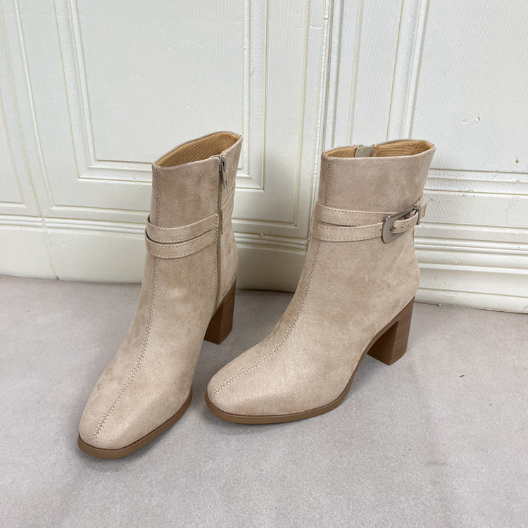 外贸原单女靴新款时尚方头纯色粗高跟皮带扣侧拉链气质时装短靴