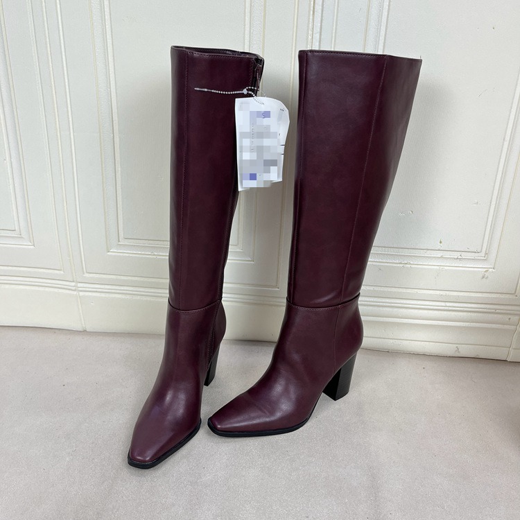 尖头粗高跟侧拉链长筒靴瘦瘦靴