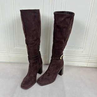 长靴 方头纯色粗跟拉链皮带扣时装 Lady Shoes外贸原单女靴微瑕时尚