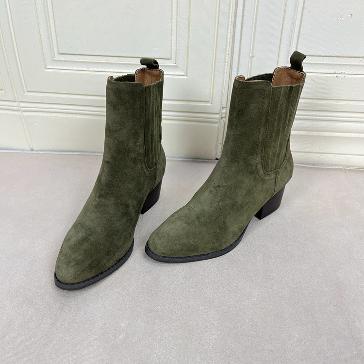 外贸原单尖头粗跟短靴里外全真皮简约时尚新款舒适休闲百搭一脚蹬
