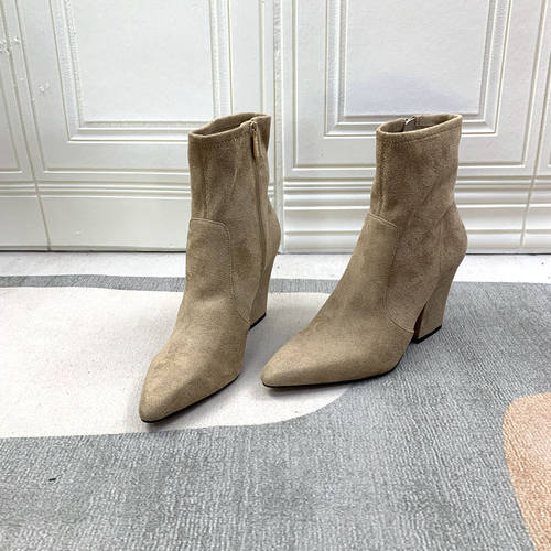 尖头纯色粗跟侧拉链短靴瘦瘦靴