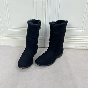 外贸原单带跟中筒短靴简约时尚 圆头侧拉链保暖日常外穿靴子女 新款