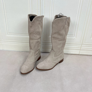 靴子日常外穿 舒适百搭女款 外贸原单尖头粗跟长靴真皮简约时尚 新款