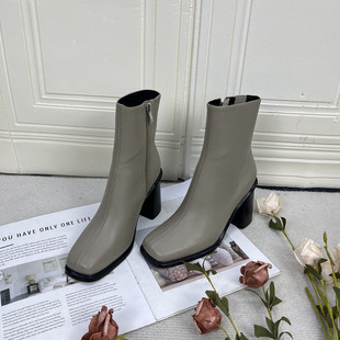 外贸原单里外全真皮女鞋瘦款不适合胖脚方头粗跟浅灰色高跟短靴