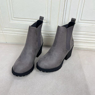 圆头纯色粗跟防水台套筒时装 时尚 短靴 Shoes外贸原单女靴新款 Lady