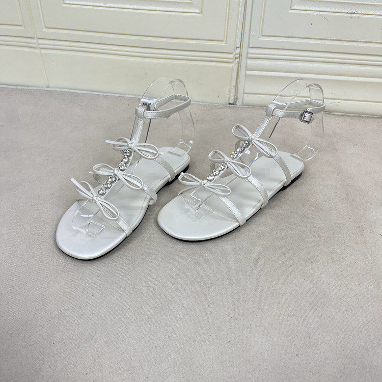 外贸原单女鞋新款平底纯色蝴蝶结带钻时尚洋气日常舒适仙女风凉鞋
