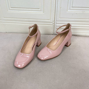 外贸原单圆头浅口粗跟单鞋简约时尚新款一字扣带气质女款高跟皮鞋