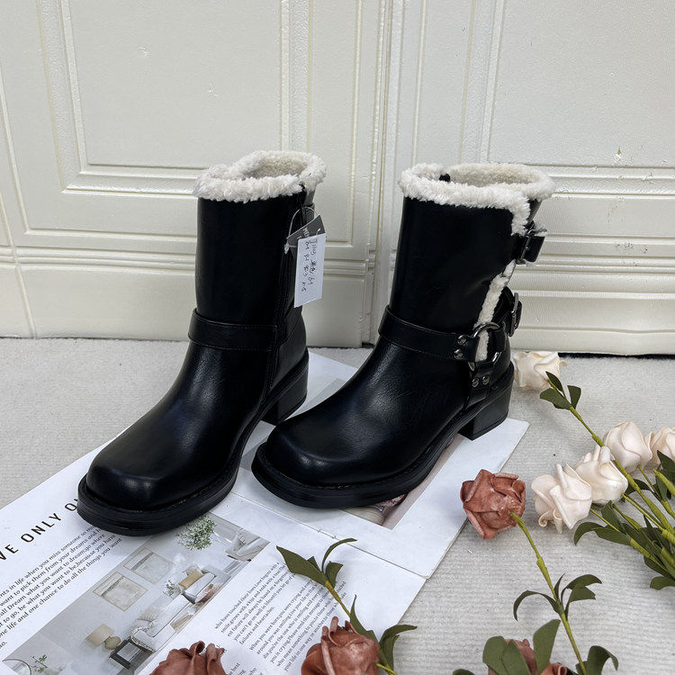 外贸原单时装新款方头粗跟搭扣拉链短靴鞋面带毛2024热款矮跟不累,女鞋,时装靴,淘宝优惠券,粉丝福利购,淘宝优惠卷
