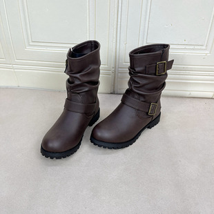 短靴舒适外穿 扣带圆头休闲百搭女款 外贸原单平底靴子简约时尚 新款