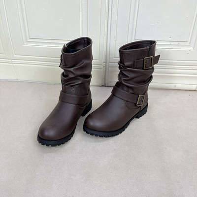 平底靴子简约时尚新款扣带圆头