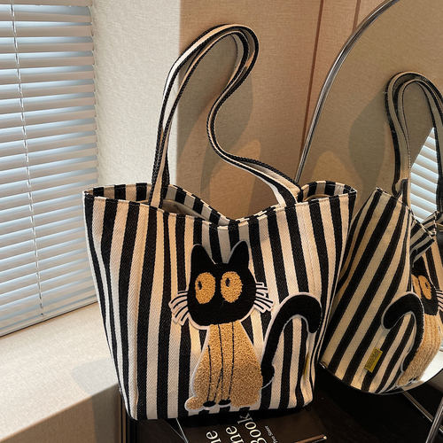 条纹帆布包单肩通勤托特包