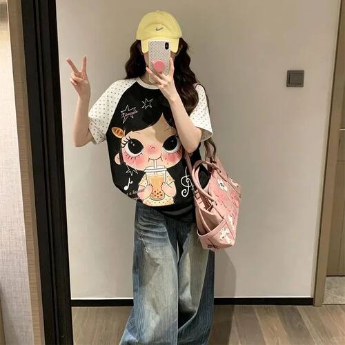 实价220g后包边螺纹领口撞色拼接印花短袖T恤女