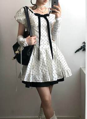 日系甜美小个子波点连衣裙女学生夏季蝴蝶结绑带超仙收腰显瘦短裙