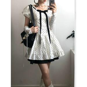 日系甜美小个子波点连衣裙女学生夏季蝴蝶结绑带超仙收腰显瘦短裙