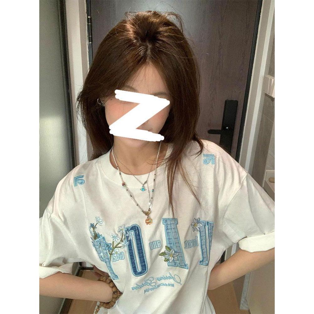 实价220g螺纹领口后包边刺绣字母短袖T恤男女