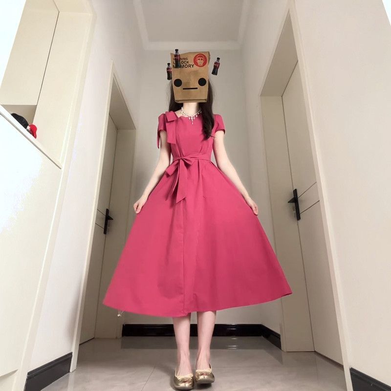 韩版甜美少女感树莓收腰显瘦绑带连衣裙蝴蝶结设计感A字长裙