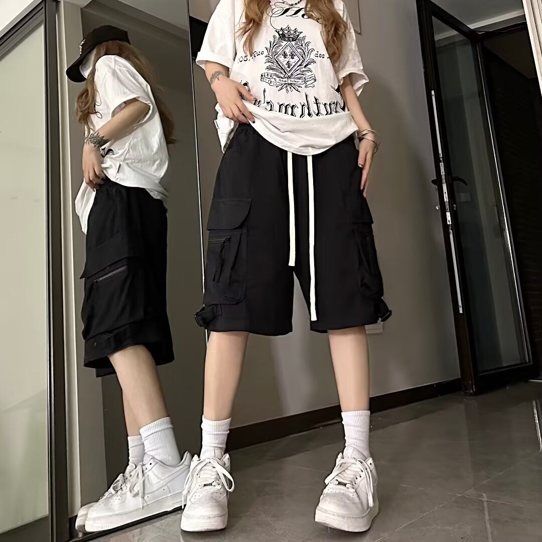 hiphop美式街头工装裤女高腰五分裤宽松显瘦多口袋休闲抽绳短裤子