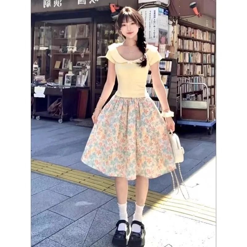 2166大码套装女淑女夏短袖上衣胖MM遮肚藏肉印花半身裙两件套装