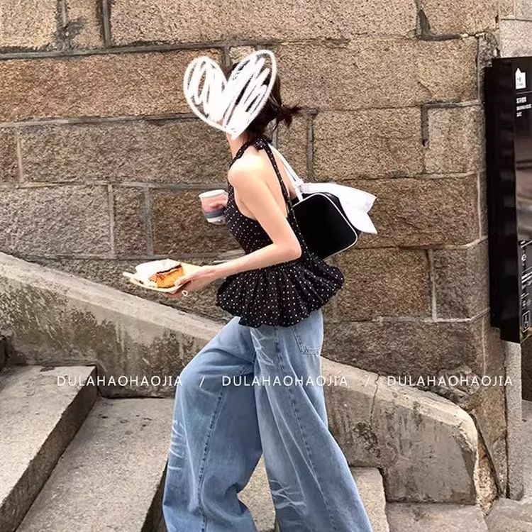 黑色波点挂脖无袖吊带背心女夏季甜辣chic韩系高级感蓬蓬花苞上衣