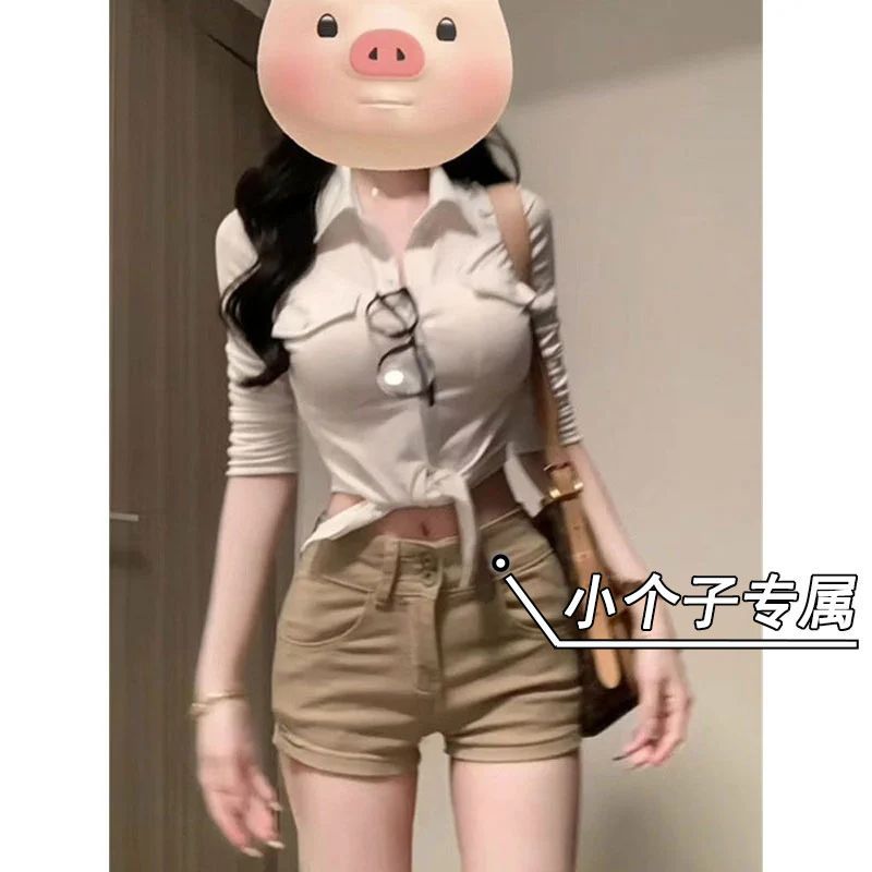 小个子卡其色牛仔短裤女夏季辣妹高腰弹力显瘦a字包臀性感热裤子