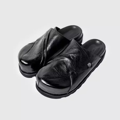 大圆头厚底皮拖鞋一脚蹬户外