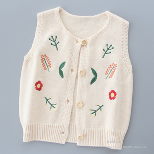 女童针织马甲春秋新款童装儿童洋气刺绣外穿背心宝宝纯棉开衫毛衣