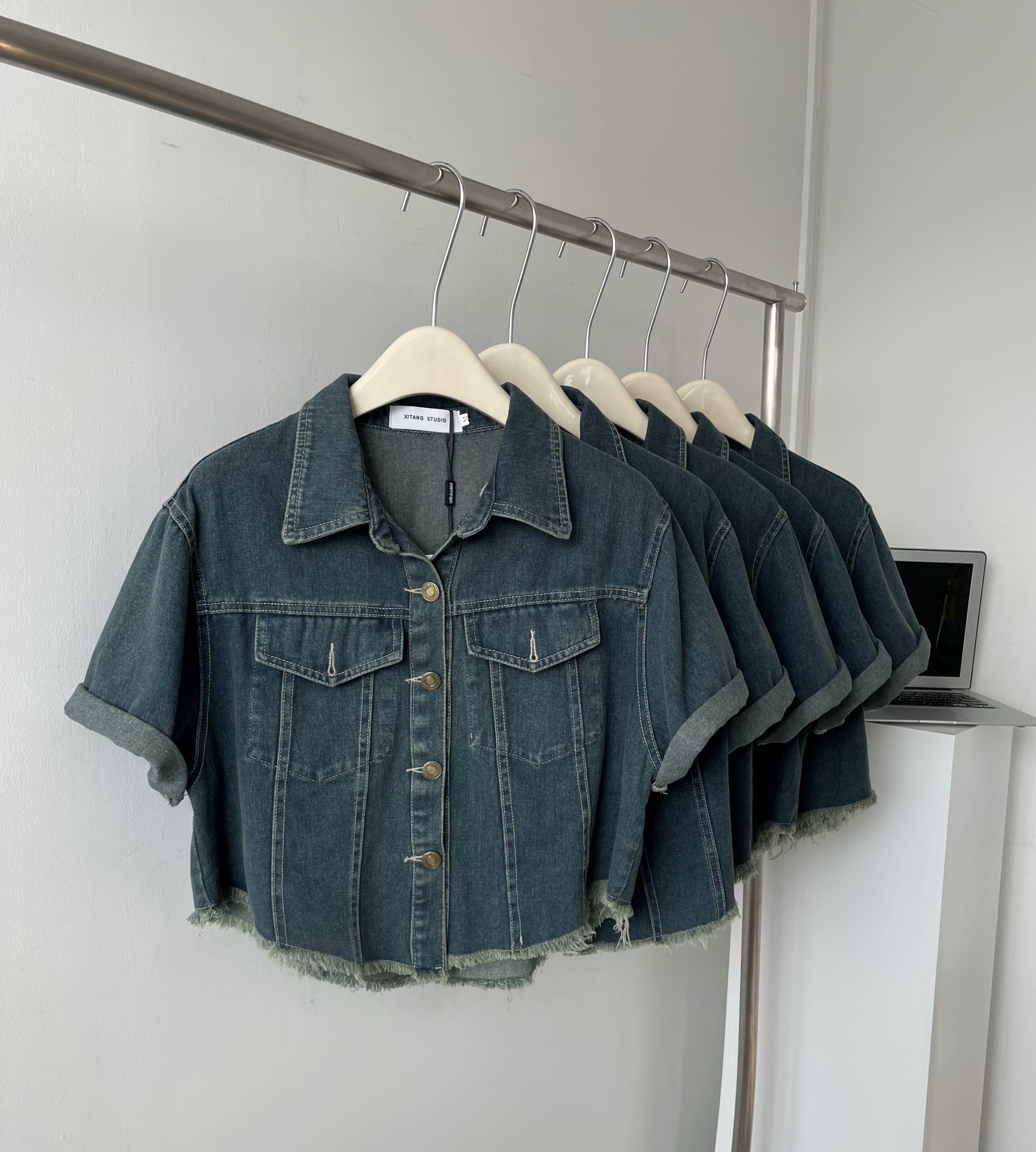 2023春季新款美式复古翻领短款牛仔外套女宽松小个子短袖上衣女