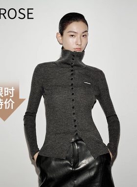 艾诺丝尚忆2025秋新款单排扣立领长袖绵羊毛针织衫女毛衫804111