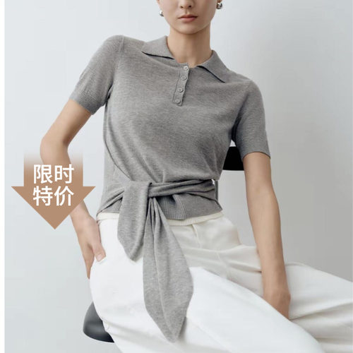 艾诺丝锦瑟飘带POLO领短袖针织衫