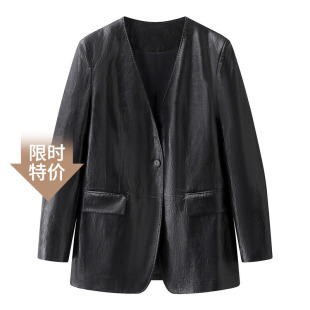 艾诺丝尚忆皮衣2026春时尚 皮衣外套101183 百搭气质黑色宽松中长款
