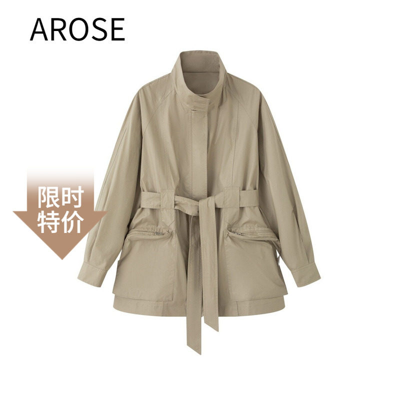 艾诺丝锦瑟2026春新款薄款百搭韩版立领宽松休闲风衣外套女101136